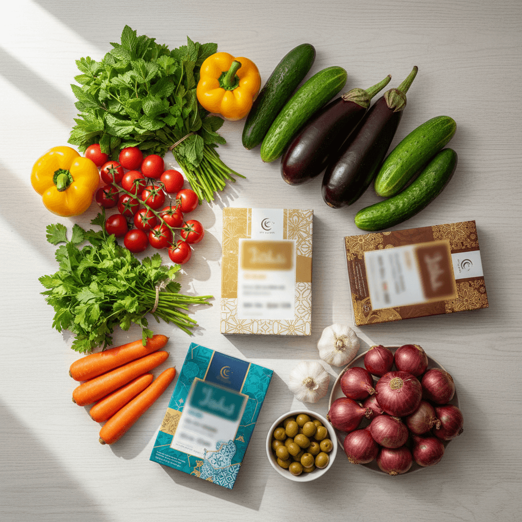 Curated selection of fresh produce and Halal products arranged together