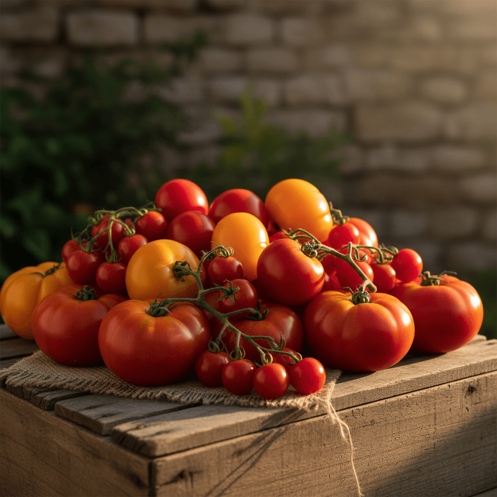 Assorted ripe tomatoes on wooden crate