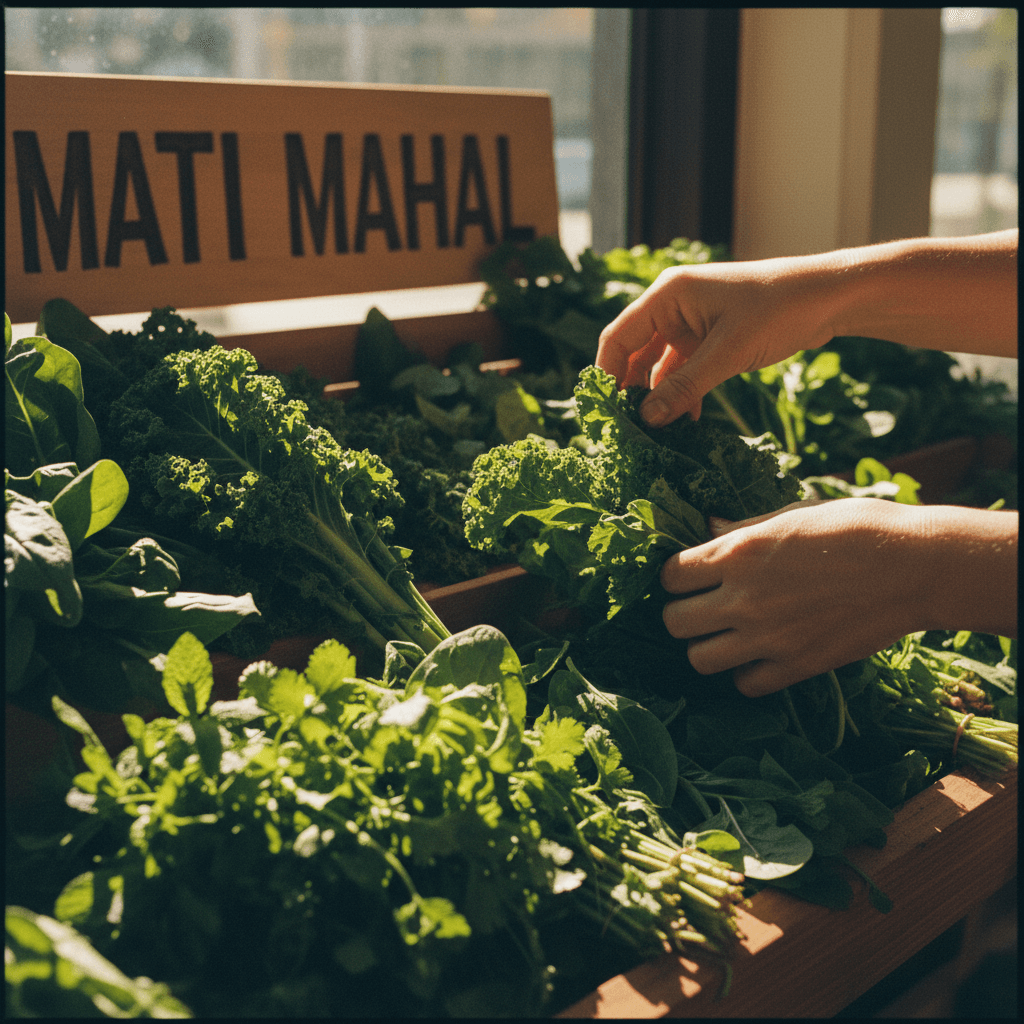 Hands inspecting fresh herbs and leafy greens for quality