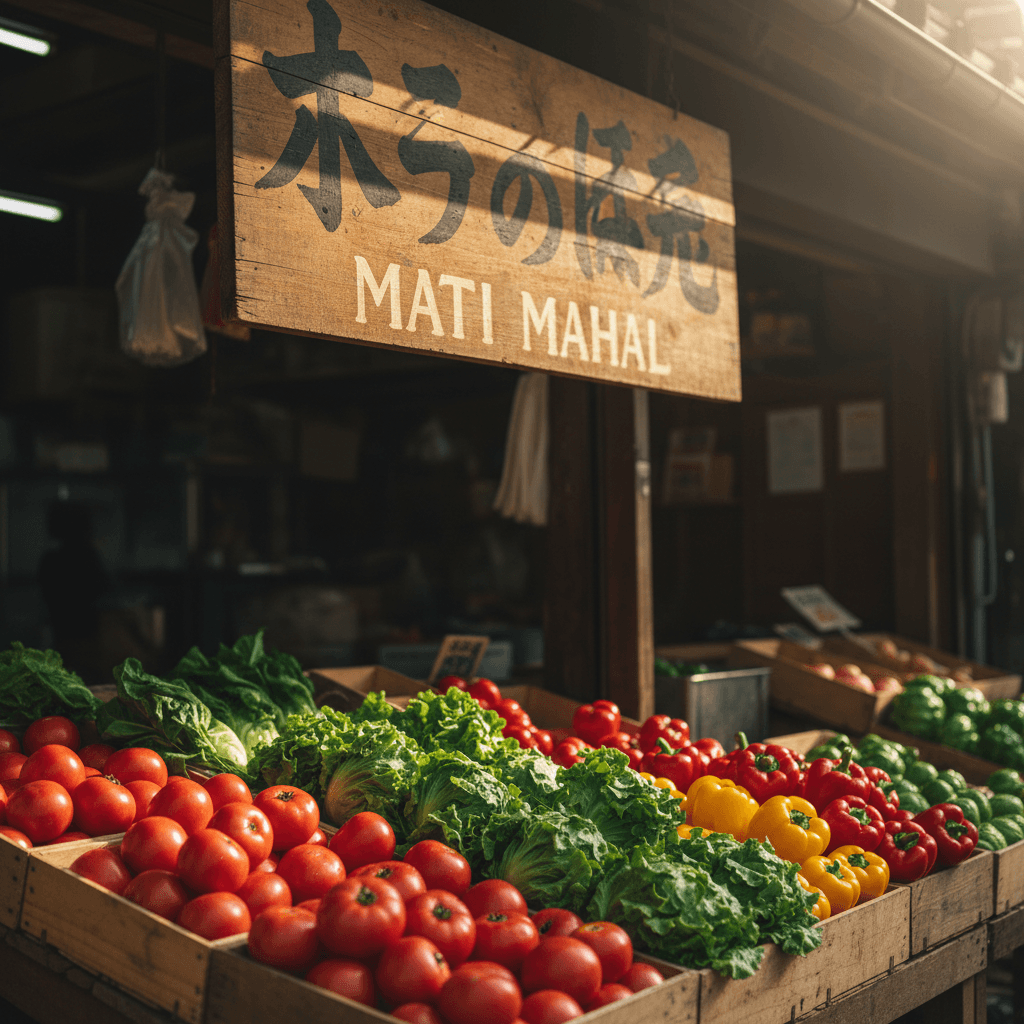 Fresh seasonal vegetables including tomatoes, lettuce, and peppers at the mart