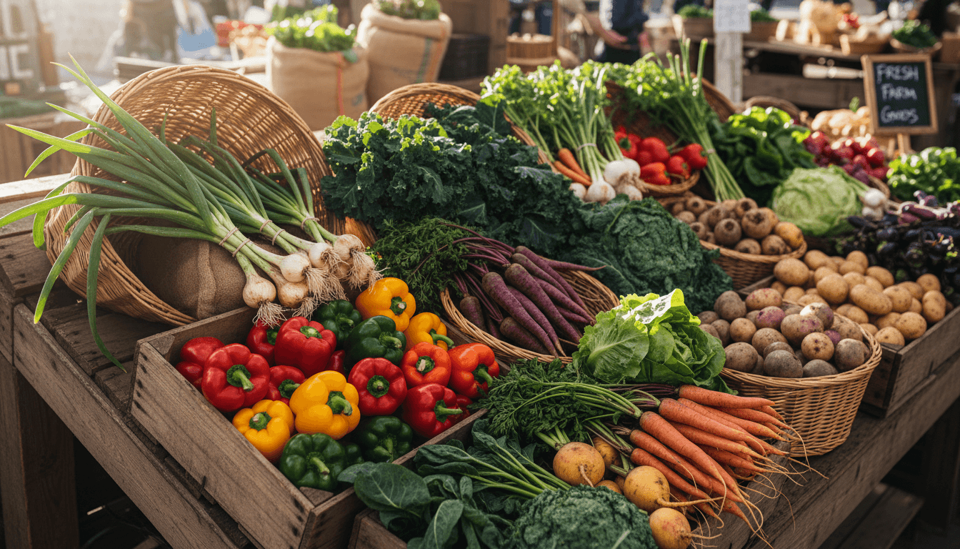 Colorful fresh vegetables and produce displayed in wooden crates at a vibrant market stand