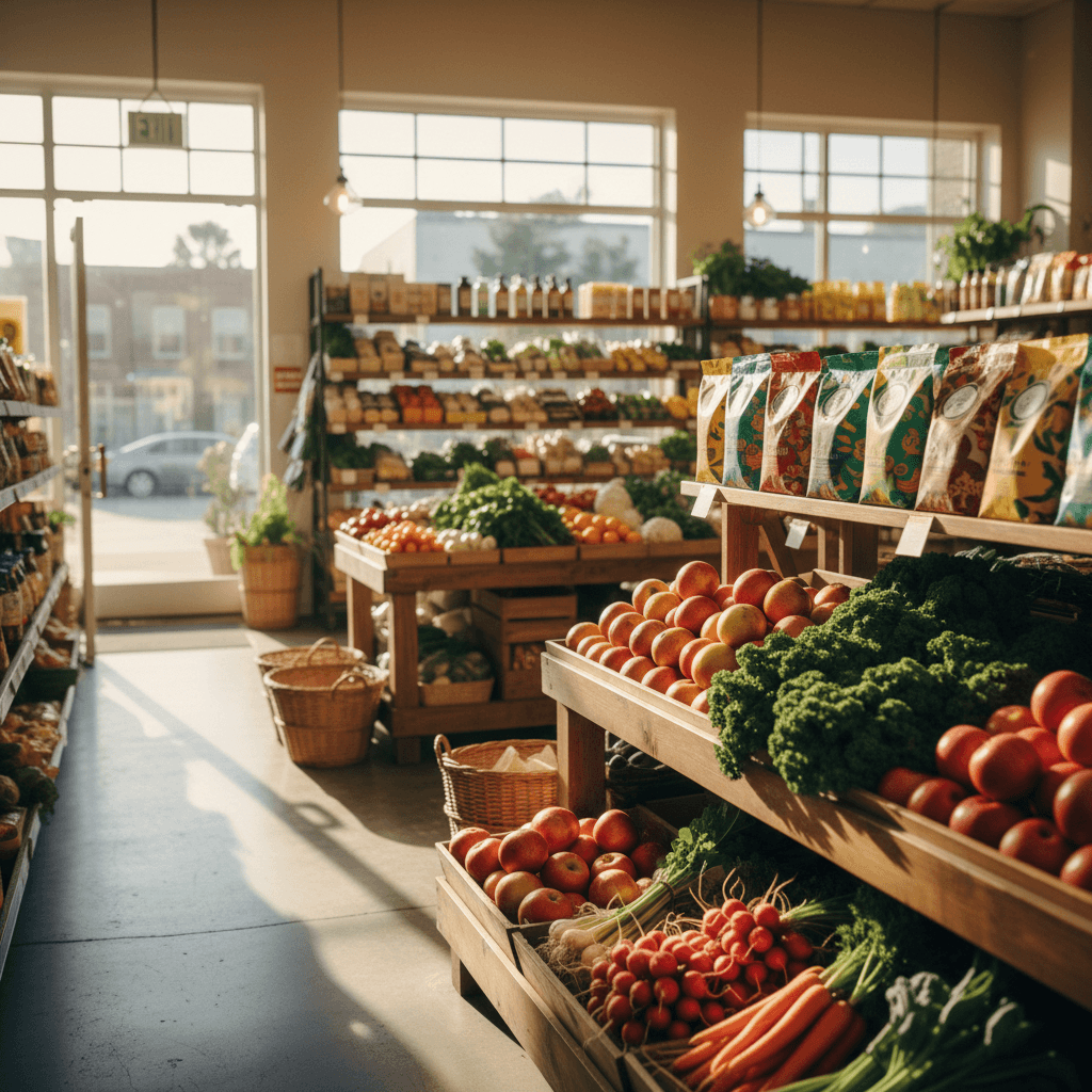 Fresh produce and Halal goods displayed in organized grocery market setting