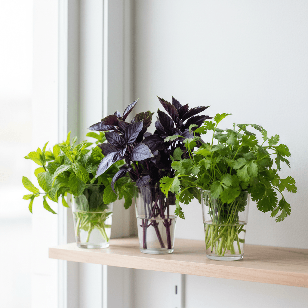 Fresh herbs in glass containers on shelf