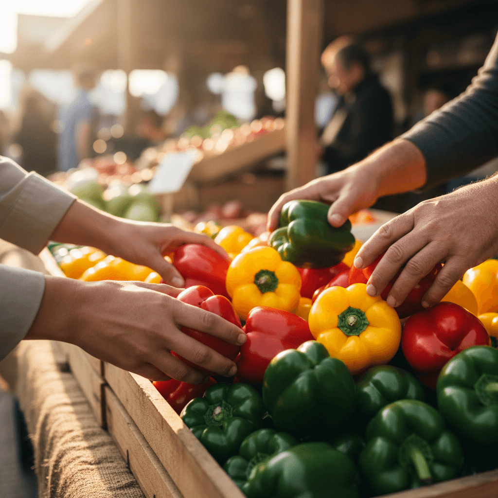 Hands selecting fresh bell peppers