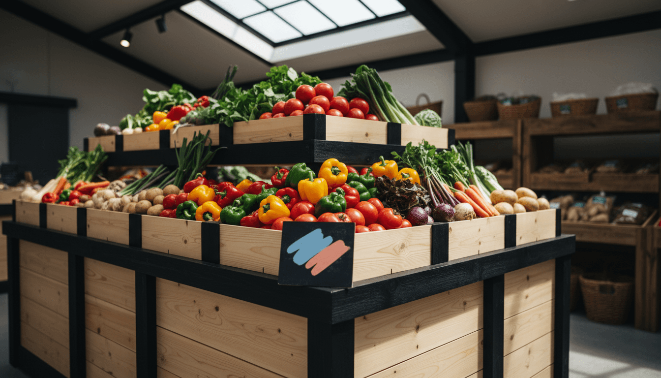 Fresh produce display at Halal & Vegetable Mart Mati Mahal in Nagasaki with vibrant vegetables and bold neo-brutalism styling
