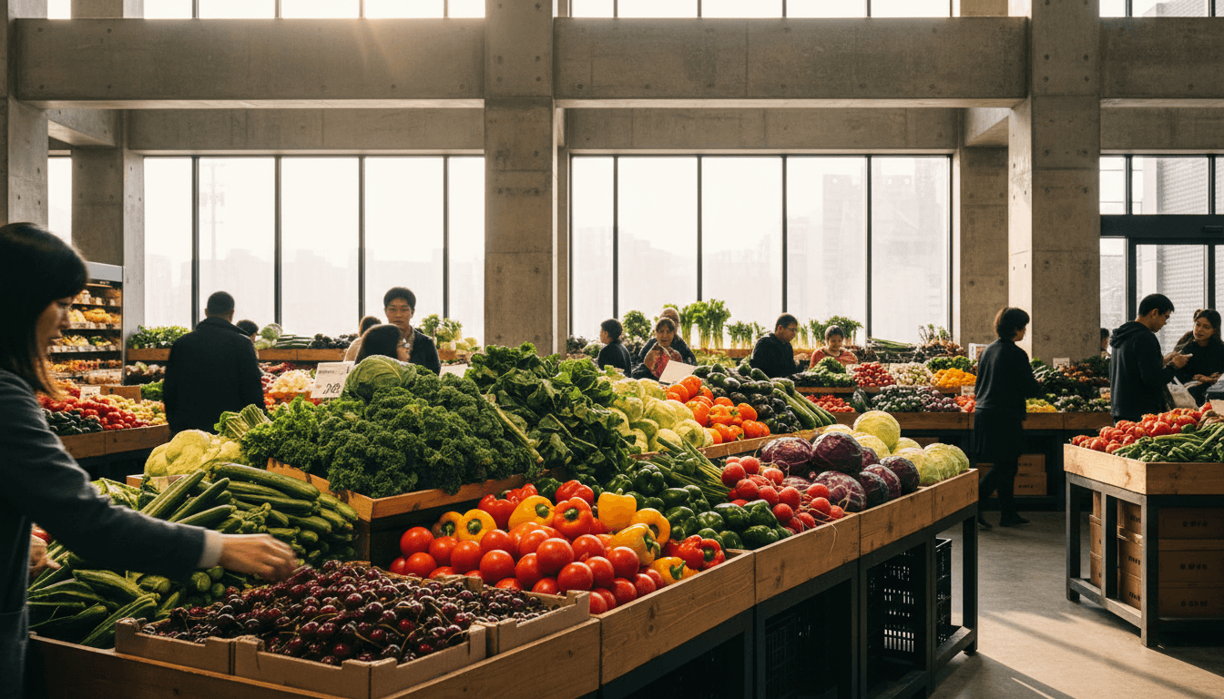 Customer selecting fresh vegetables at Halal & Vegetable Mart - Mati Mahal in Nagasaki with vibrant produce displays