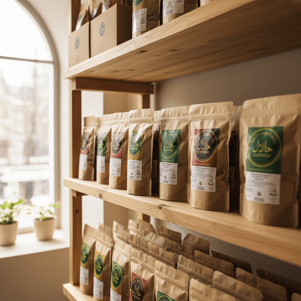 Halal-certified packaged products neatly displayed on shelves