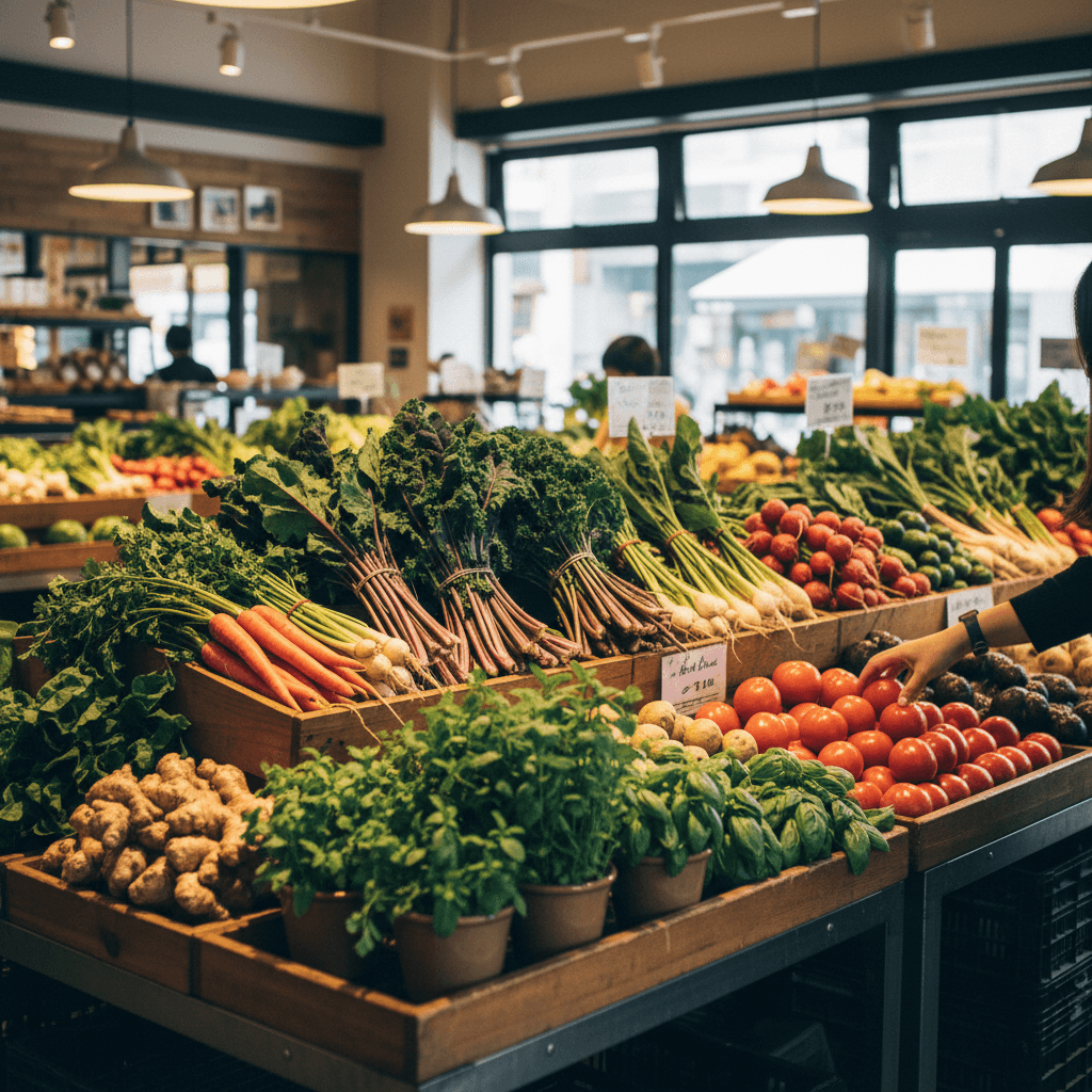 Customer browsing fresh vegetables in the produce section