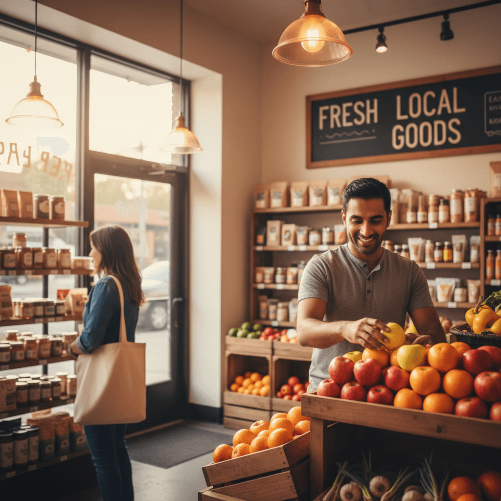 Customer shopping while shopkeeper arranges fresh items