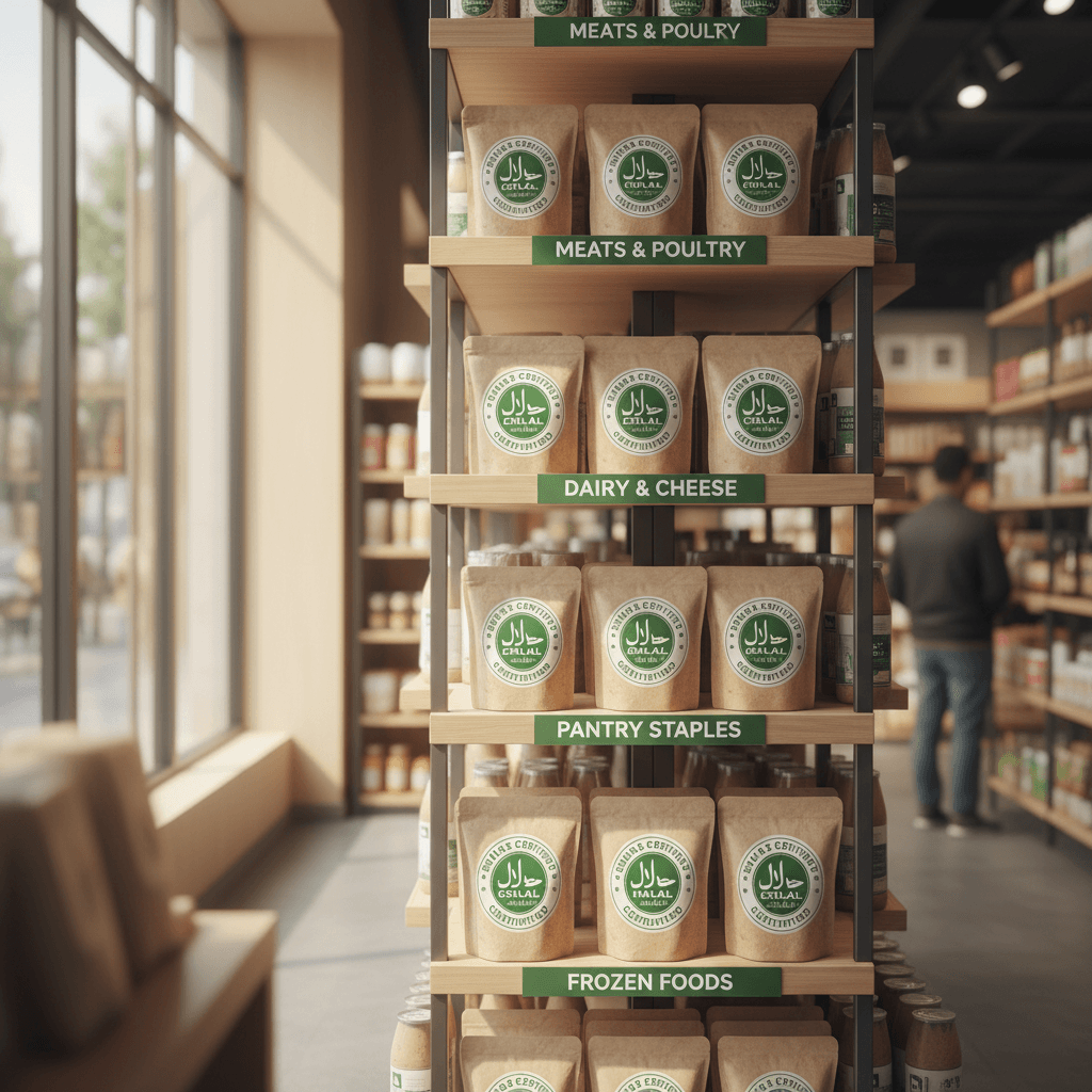 Organized display of Halal-certified grocery items and products