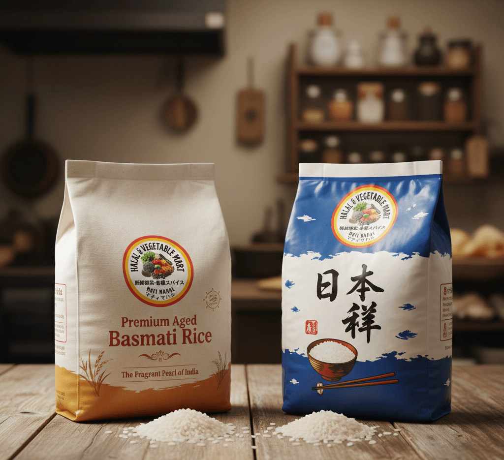 Basmati and Japanese rice bags on a wooden table with small piles of rice grains.